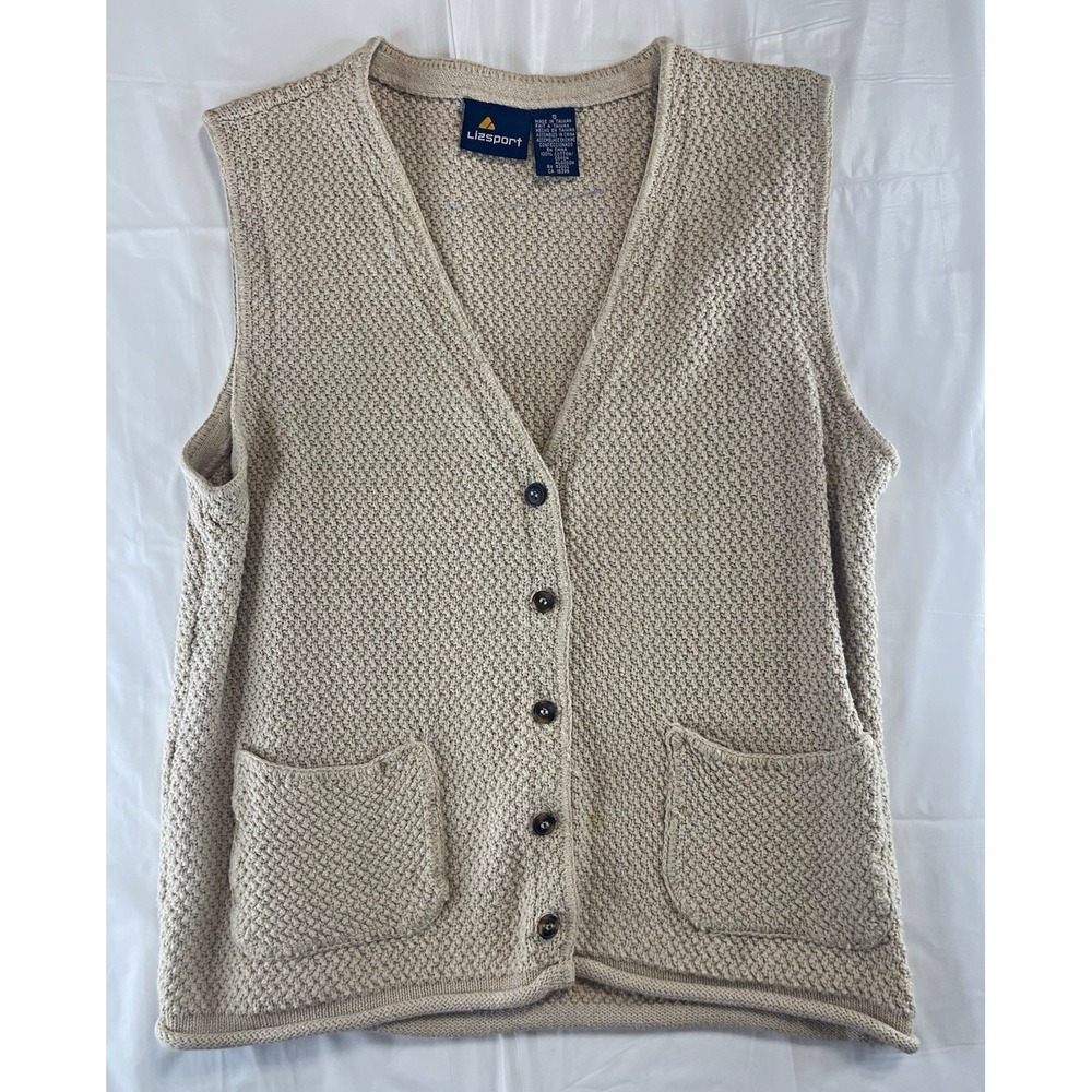 Lizsport Women's S Beige Cotton Knit V-Neck Button Front Sweater Vest Pockets